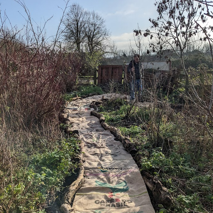 Hessian sack garden path