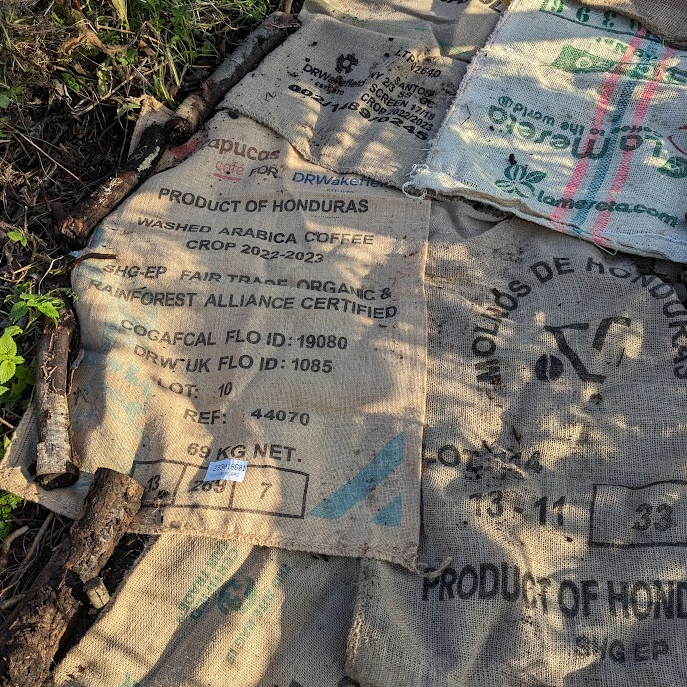 Close up of Hessian sacks lining our garden path